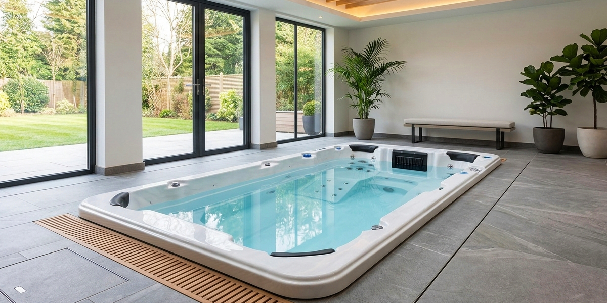 Een zwembad met kristalhelder water in een moderne, overdekte wellnessruimte met grote ramen en uitzicht op de binnenplaats.